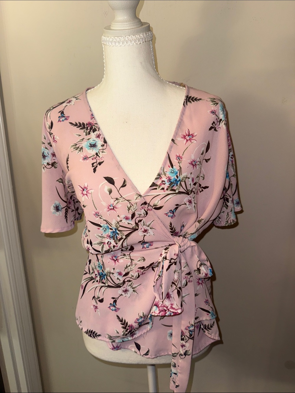 Shinestar Pink Floral Wrap Tie-Front Blouse